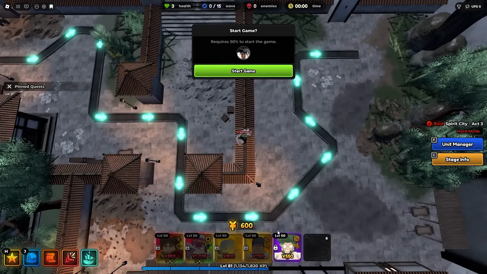 Spirit City Raid Act 3 Hard before start. Wave 0 of 15. Prodigy sits on the unit bar.
