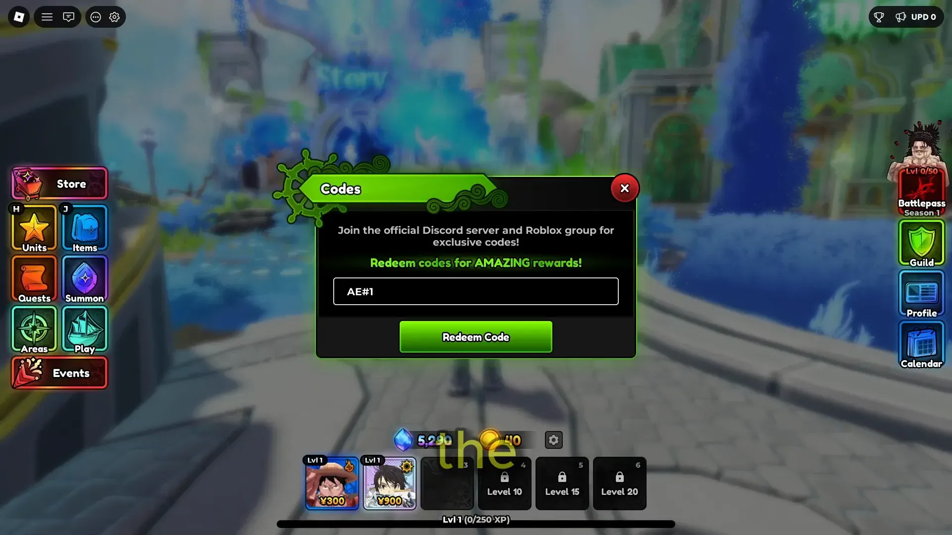 Codes window with a text field and a Redeem Code button.