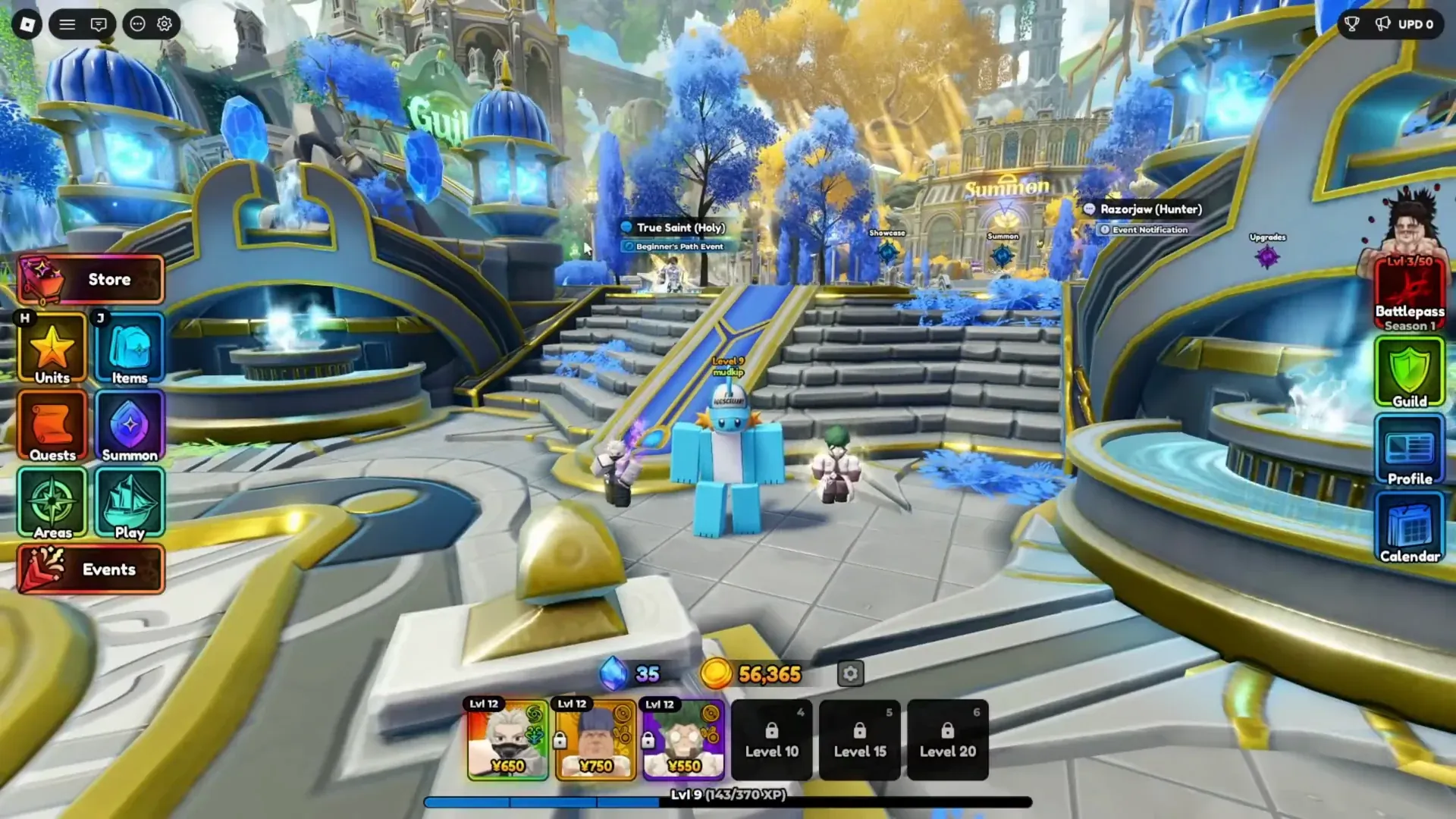 Lobby plaza after spawn. True Saint stands on the path and starts Beginner Path.