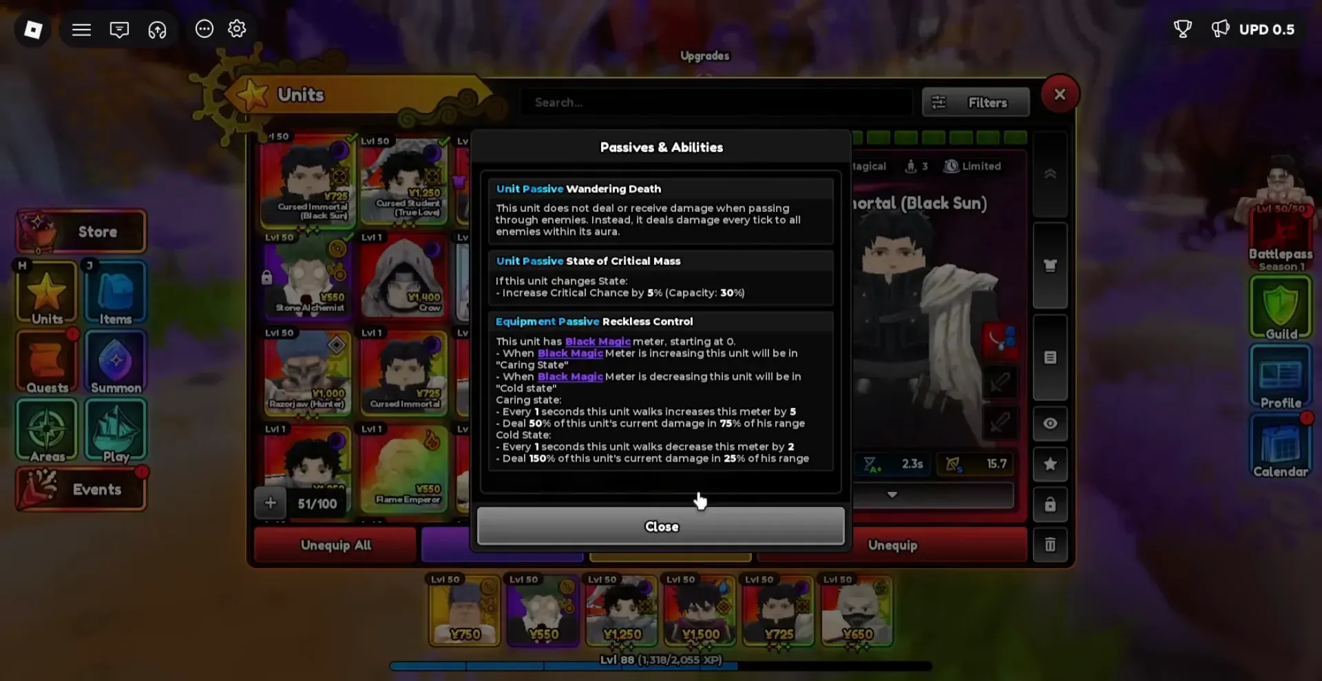 Cursed Immortal (Black Sun) selected. Wandering Death and Reckless Control passives are open.