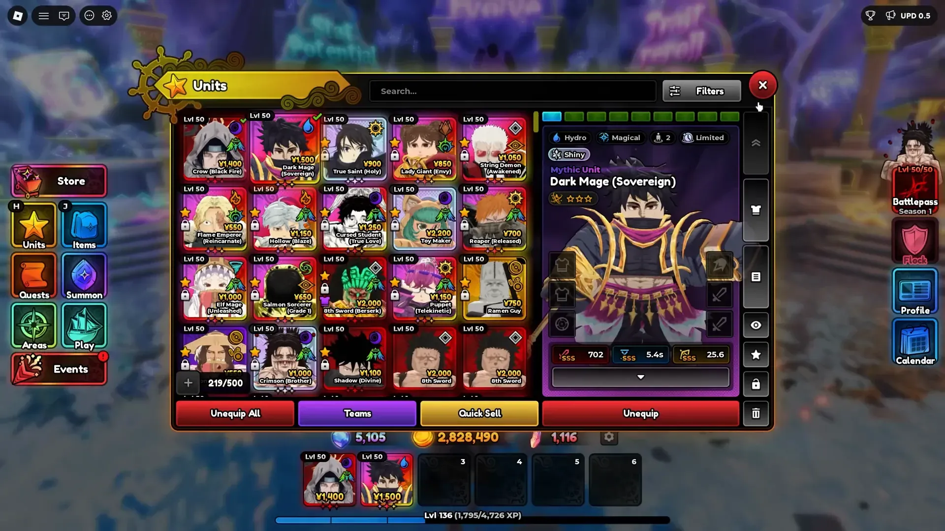Units list with Dark Mage (Sovereign) selected. Mythic. Hydro and Magical.
