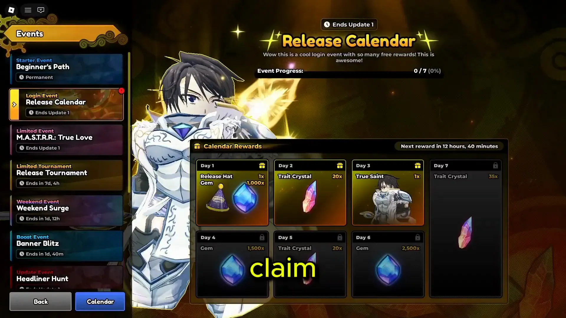 Release Calendar rewards. Daily rows pay gems and Trait Crystals.