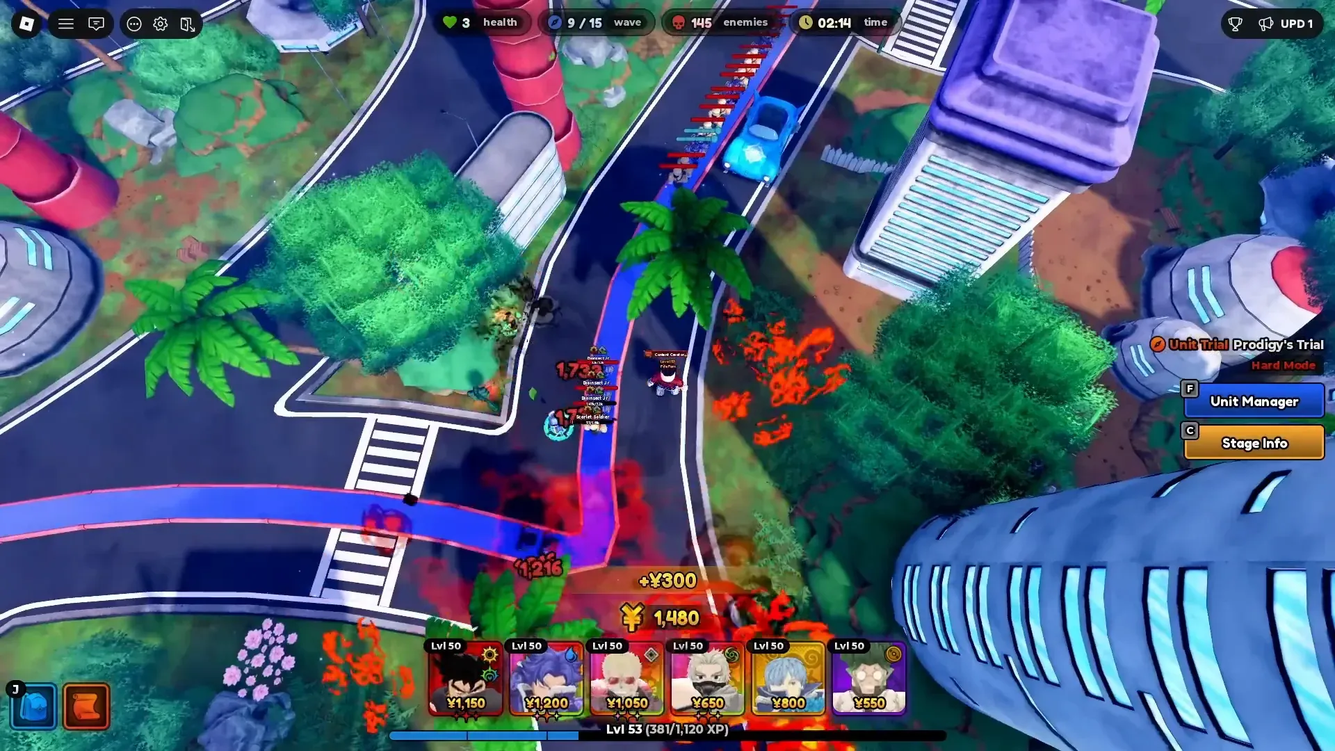 Prodigy's Trial on the city path. Units sit on the lane while the wave moves.