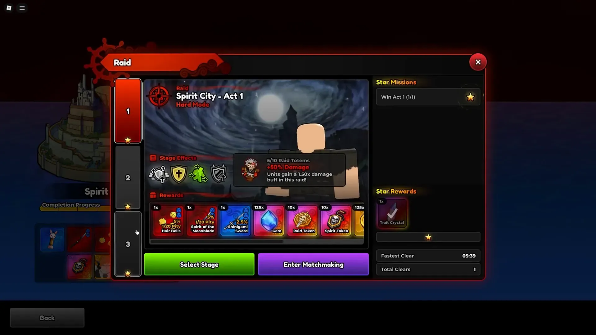Raid menu on Spirit City Act 1 Hard. Totem count, drop row, and Enter Matchmaking sit on the panel.