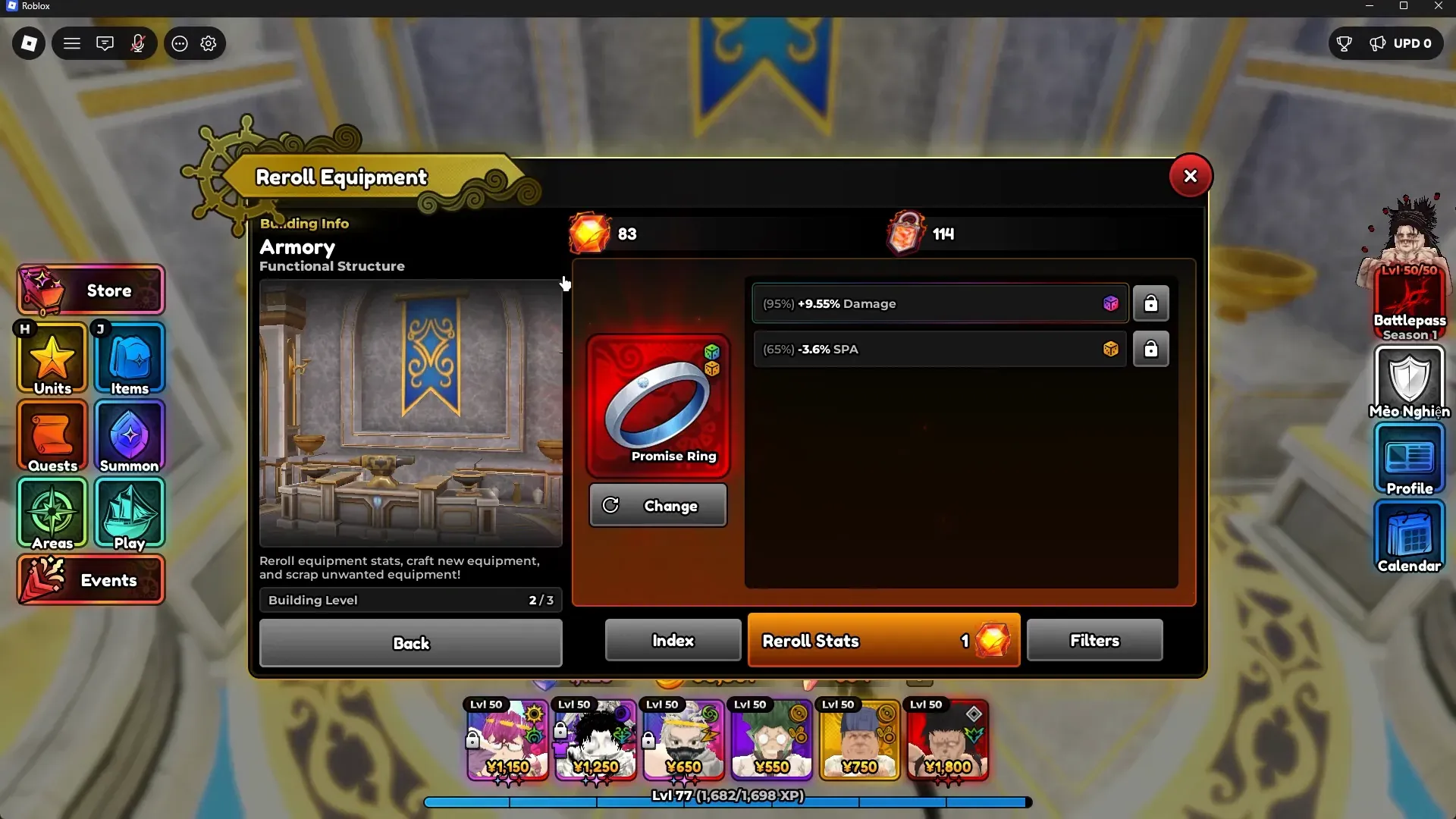 Armory Reroll Equipment desk. A selected piece shows dice lines, lock icons, and Reroll Stats.