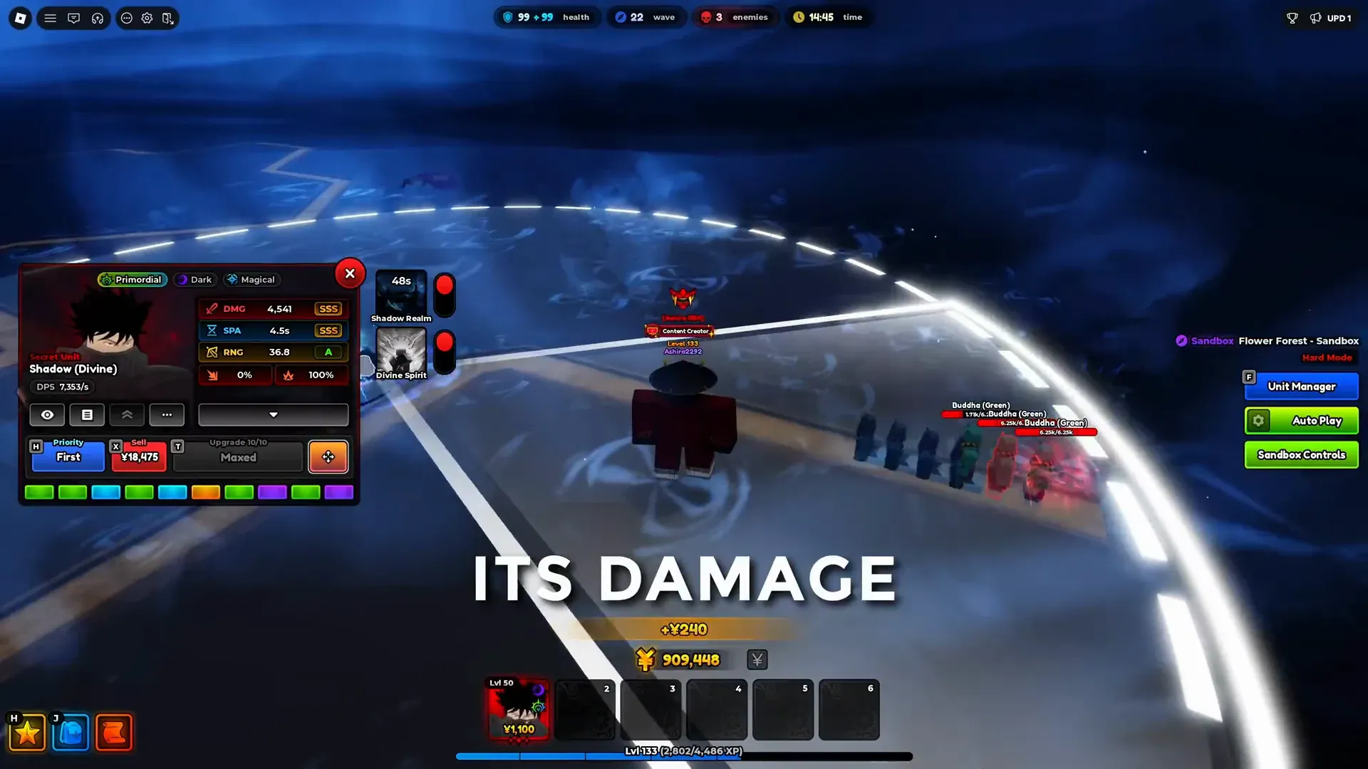 Shadow (Divine) selected in a match. The unit panel shows Shadow Realm and Divine Spirit.