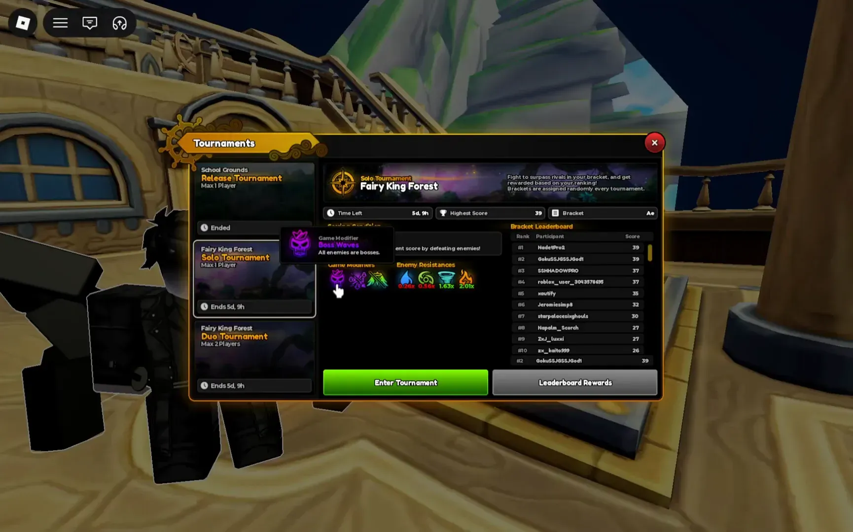 Solo Fairy King Forest card. Release Tournament says Ended. A Boss Waves tooltip reads All enemies are bosses.