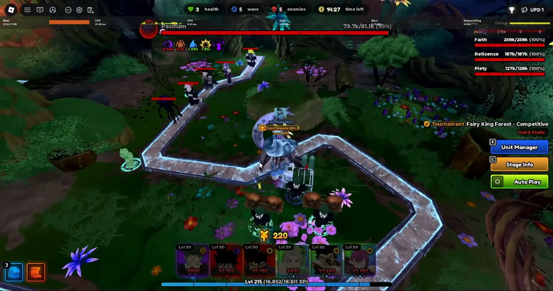 Tournament Fairy King Forest Competitive on Hard. UPD 1 badge, Time Left, and elemental multipliers sit on the HUD.