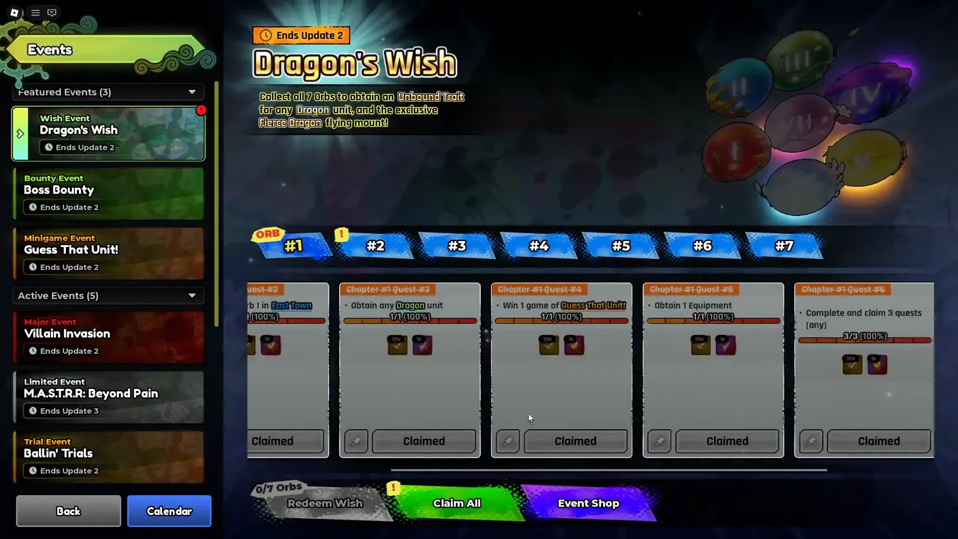 Events list on Dragon's Wish. Featured cards read Ends Update 2. Redeem Wish sits at the bottom.