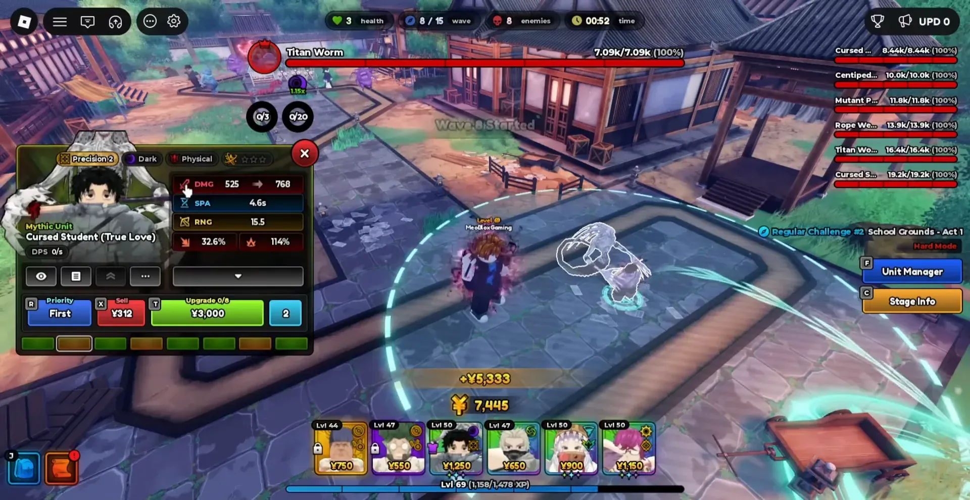 Cursed Student (True Love) on the path with the unit panel open.